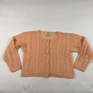 VTG 90s Sostanza Peach Mohair Blend Cable Knit Pointelle Cardigan Sweater Wmns S